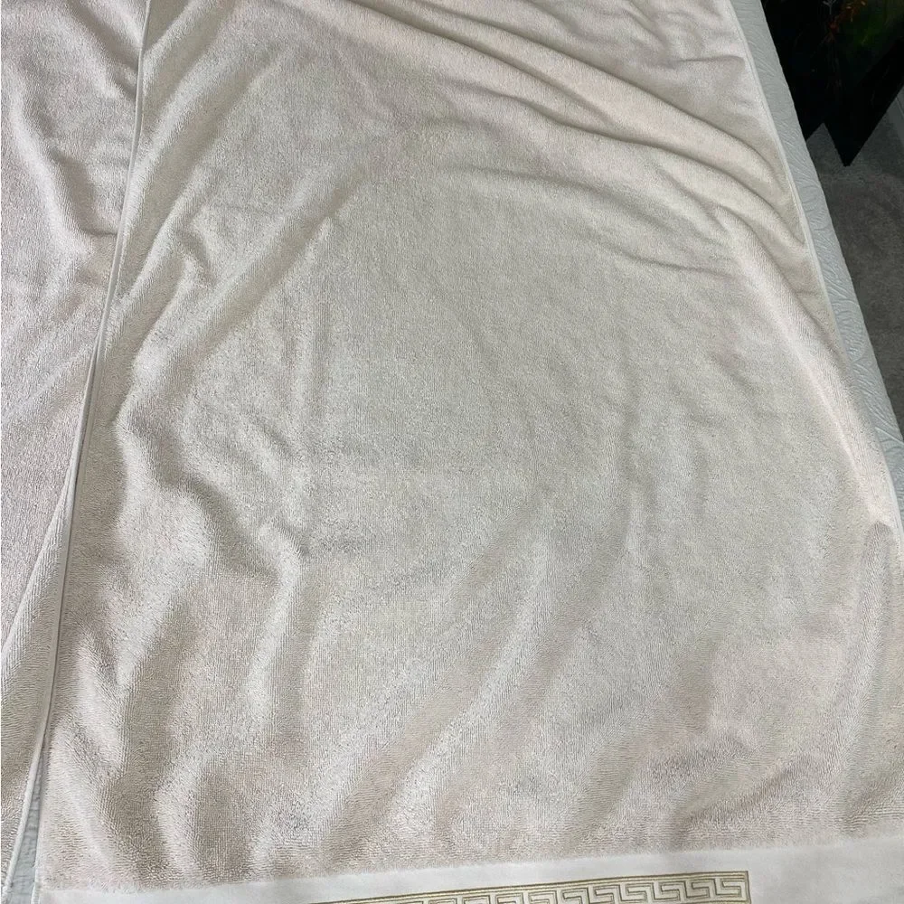 Luxurious Vtg Cream Bath Towels with Gold Greek Embroidered Accent